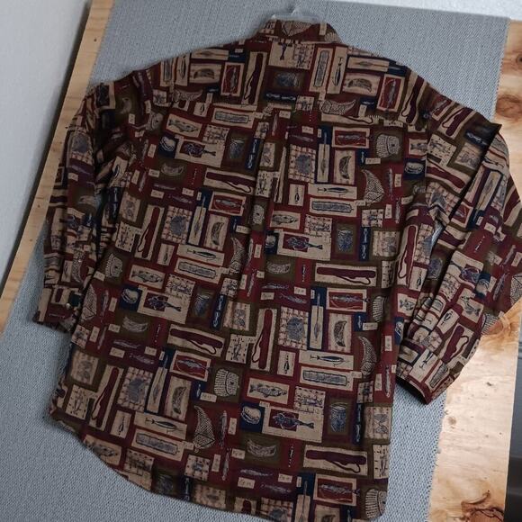 Woolrich Original Outdoor Vintage Shirt XL Red All Over Fish & Tackle Cotton - Picture 8 of 13